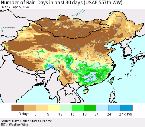 China, Mongolia and Taiwan Number of Rain Days in past 30 days (USAF 557th WW) 04/05/2024 Thematic Map For 4/1/2024 - 4/5/2024