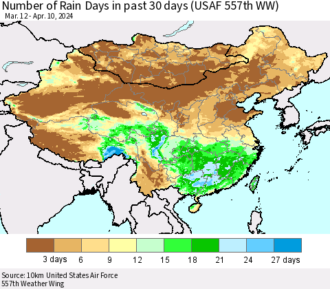 China, Mongolia and Taiwan Number of Rain Days in past 30 days (USAF 557th WW) 04/10/2024 Thematic Map For 4/6/2024 - 4/10/2024
