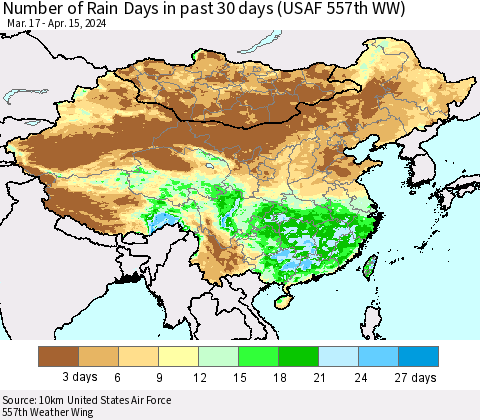 China, Mongolia and Taiwan Number of Rain Days in past 30 days (USAF 557th WW) 04/15/2024 Thematic Map For 4/11/2024 - 4/15/2024