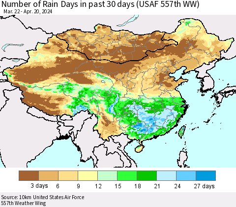 China, Mongolia and Taiwan Number of Rain Days in past 30 days (USAF 557th WW) 04/20/2024 Thematic Map For 4/16/2024 - 4/20/2024