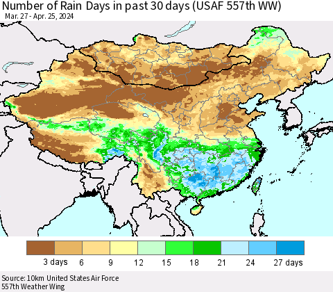 China, Mongolia and Taiwan Number of Rain Days in past 30 days (USAF 557th WW) 04/25/2024 Thematic Map For 4/21/2024 - 4/25/2024