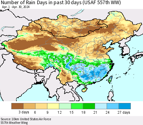 China, Mongolia and Taiwan Number of Rain Days in past 30 days (USAF 557th WW) 04/30/2024 Thematic Map For 4/26/2024 - 4/30/2024