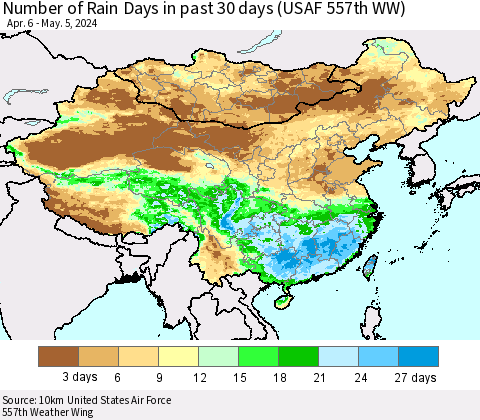 China, Mongolia and Taiwan Number of Rain Days in past 30 days (USAF 557th WW) 05/05/2024 Thematic Map For 5/1/2024 - 5/5/2024