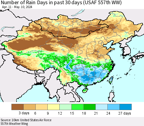 China, Mongolia and Taiwan Number of Rain Days in past 30 days (USAF 557th WW) 05/10/2024 Thematic Map For 5/6/2024 - 5/10/2024