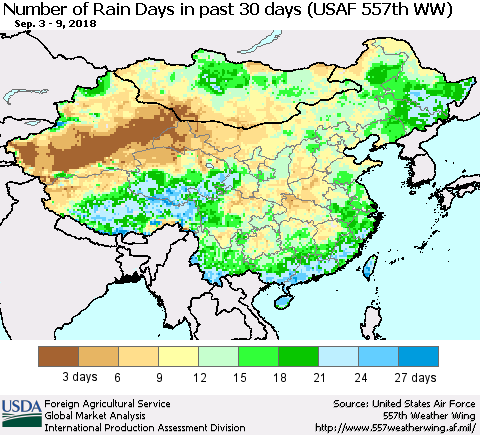 China and Taiwan Number of Rain Days in past 30 days (USAF 557th WW) 09/09/2018 Thematic Map For 9/3/2018 - 9/9/2018