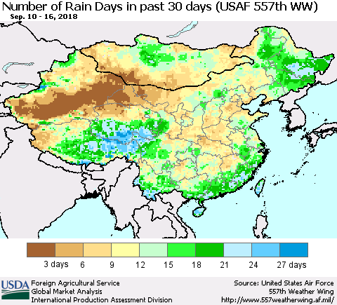 China and Taiwan Number of Rain Days in past 30 days (USAF 557th WW) 09/16/2018 Thematic Map For 9/10/2018 - 9/16/2018