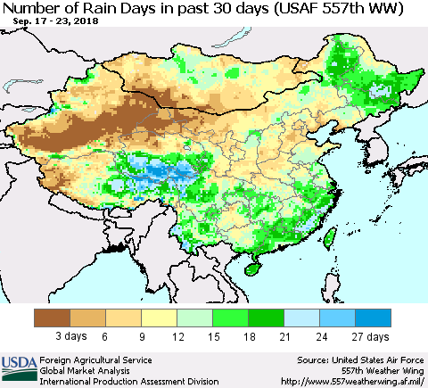 China and Taiwan Number of Rain Days in past 30 days (USAF 557th WW) 09/23/2018 Thematic Map For 9/17/2018 - 9/23/2018