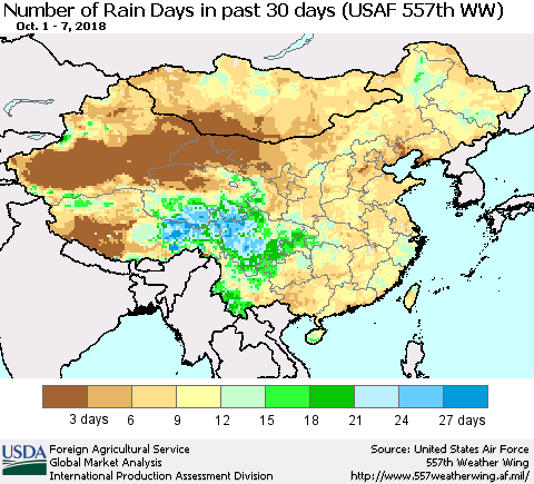 China and Taiwan Number of Rain Days in past 30 days (USAF 557th WW) 10/07/2018 Thematic Map For 10/1/2018 - 10/7/2018