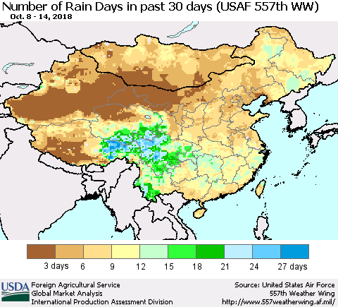 China and Taiwan Number of Rain Days in past 30 days (USAF 557th WW) 10/14/2018 Thematic Map For 10/8/2018 - 10/14/2018