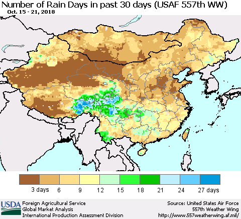China and Taiwan Number of Rain Days in past 30 days (USAF 557th WW) 10/21/2018 Thematic Map For 10/15/2018 - 10/21/2018