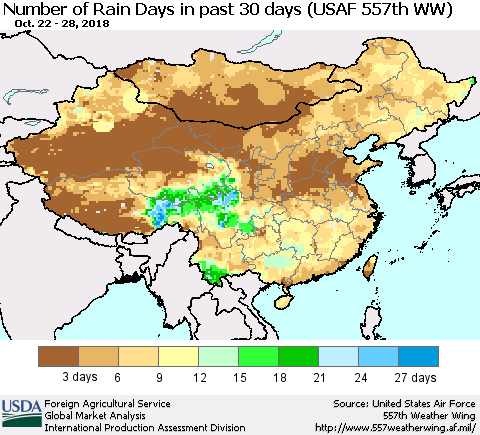 China and Taiwan Number of Rain Days in past 30 days (USAF 557th WW) 10/28/2018 Thematic Map For 10/22/2018 - 10/28/2018