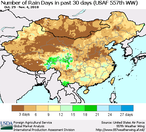 China and Taiwan Number of Rain Days in past 30 days (USAF 557th WW) 11/04/2018 Thematic Map For 10/29/2018 - 11/4/2018