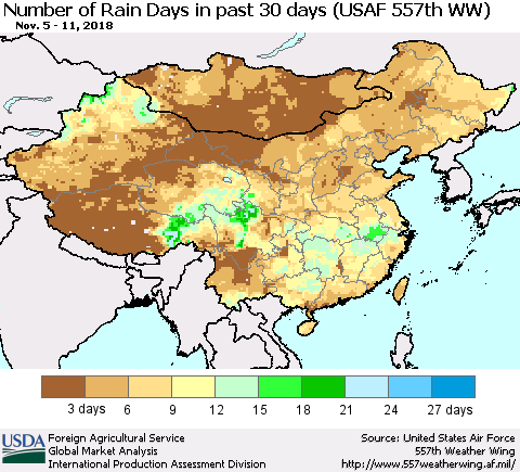 China and Taiwan Number of Rain Days in past 30 days (USAF 557th WW) 11/11/2018 Thematic Map For 11/5/2018 - 11/11/2018