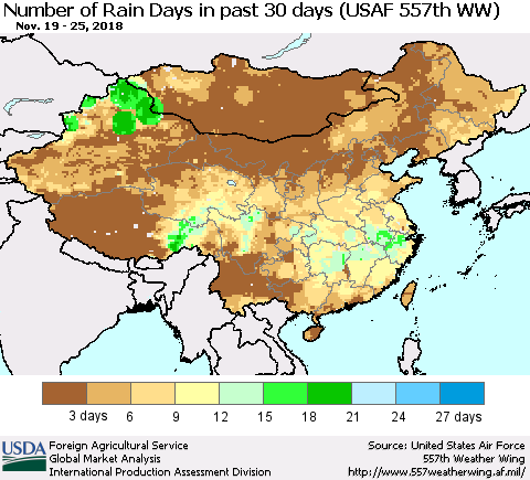 China and Taiwan Number of Rain Days in past 30 days (USAF 557th WW) 11/25/2018 Thematic Map For 11/19/2018 - 11/25/2018