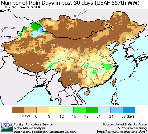 China and Taiwan Number of Rain Days in past 30 days (USAF 557th WW) 12/02/2018 Thematic Map For 11/26/2018 - 12/2/2018