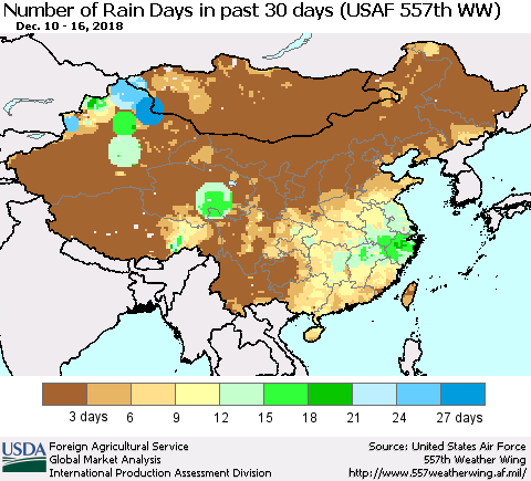 China and Taiwan Number of Rain Days in past 30 days (USAF 557th WW) 12/16/2018 Thematic Map For 12/10/2018 - 12/16/2018