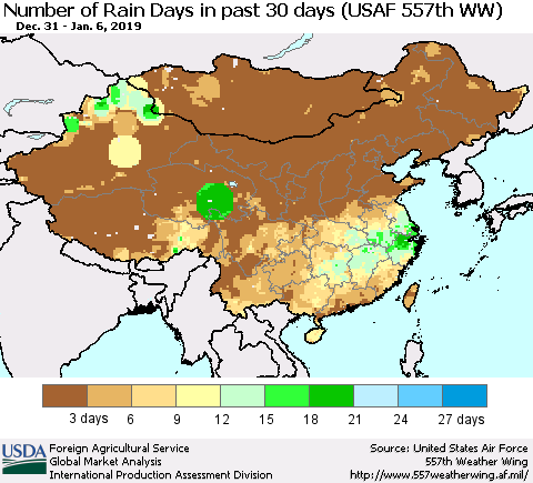 China and Taiwan Number of Rain Days in past 30 days (USAF 557th WW) 01/06/2019 Thematic Map For 12/31/2018 - 1/6/2019