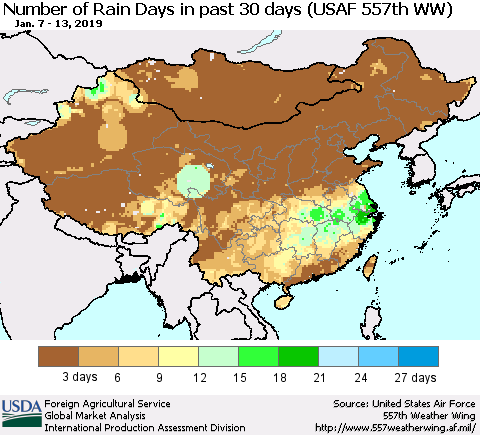 China and Taiwan Number of Rain Days in past 30 days (USAF 557th WW) 01/13/2019 Thematic Map For 1/7/2019 - 1/13/2019