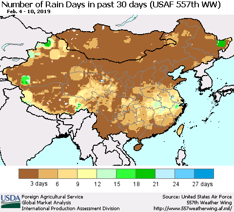China and Taiwan Number of Rain Days in past 30 days (USAF 557th WW) 02/10/2019 Thematic Map For 2/4/2019 - 2/10/2019