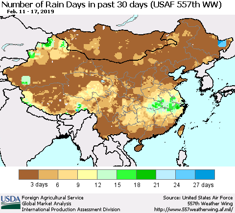 China and Taiwan Number of Rain Days in past 30 days (USAF 557th WW) 02/17/2019 Thematic Map For 2/11/2019 - 2/17/2019