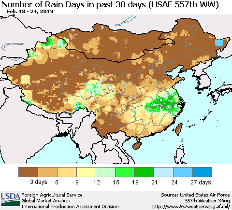 China and Taiwan Number of Rain Days in past 30 days (USAF 557th WW) 02/24/2019 Thematic Map For 2/18/2019 - 2/24/2019