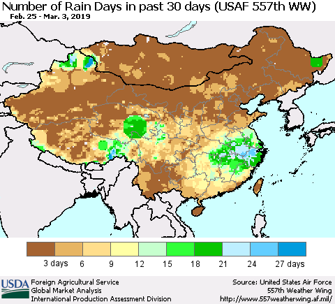 China and Taiwan Number of Rain Days in past 30 days (USAF 557th WW) 03/03/2019 Thematic Map For 2/25/2019 - 3/3/2019
