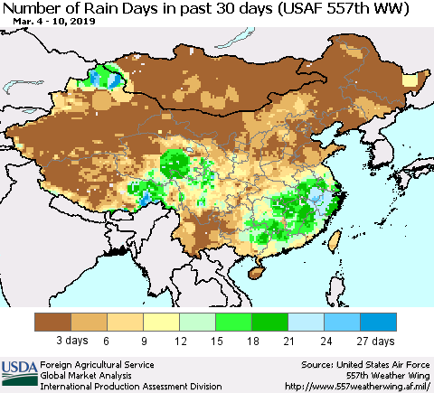 China and Taiwan Number of Rain Days in past 30 days (USAF 557th WW) 03/10/2019 Thematic Map For 3/4/2019 - 3/10/2019