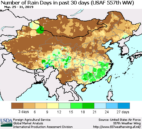 China and Taiwan Number of Rain Days in past 30 days (USAF 557th WW) 03/31/2019 Thematic Map For 3/25/2019 - 3/31/2019