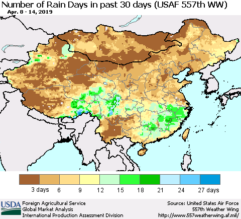 China and Taiwan Number of Rain Days in past 30 days (USAF 557th WW) 04/14/2019 Thematic Map For 4/8/2019 - 4/14/2019