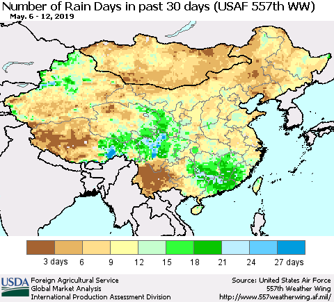 China and Taiwan Number of Rain Days in past 30 days (USAF 557th WW) 05/12/2019 Thematic Map For 5/6/2019 - 5/12/2019