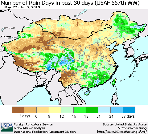 China and Taiwan Number of Rain Days in past 30 days (USAF 557th WW) 06/02/2019 Thematic Map For 5/27/2019 - 6/2/2019