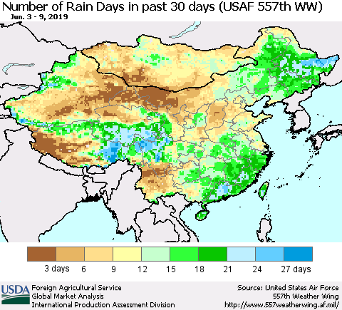 China and Taiwan Number of Rain Days in past 30 days (USAF 557th WW) 06/09/2019 Thematic Map For 6/3/2019 - 6/9/2019