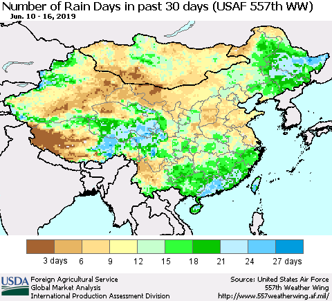China and Taiwan Number of Rain Days in past 30 days (USAF 557th WW) 06/16/2019 Thematic Map For 6/10/2019 - 6/16/2019