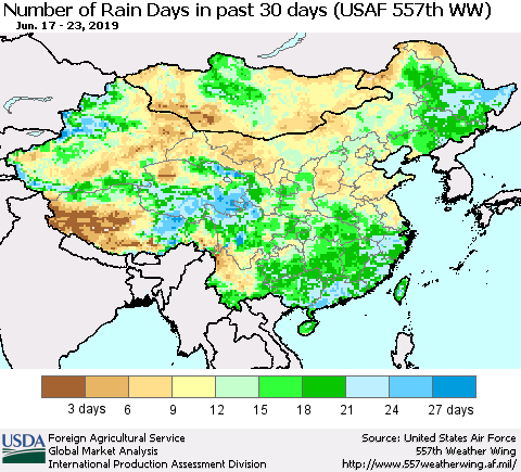 China and Taiwan Number of Rain Days in past 30 days (USAF 557th WW) 06/23/2019 Thematic Map For 6/17/2019 - 6/23/2019