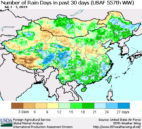 China and Taiwan Number of Rain Days in past 30 days (USAF 557th WW) 07/07/2019 Thematic Map For 7/1/2019 - 7/7/2019