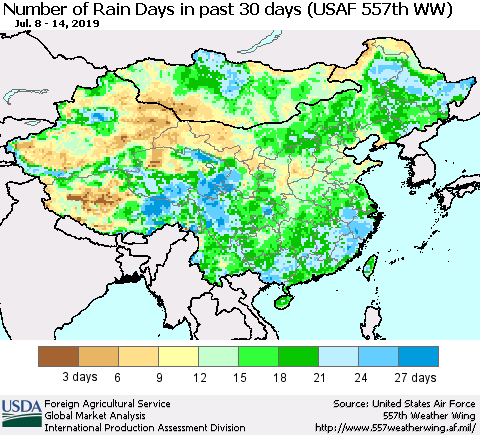 China and Taiwan Number of Rain Days in past 30 days (USAF 557th WW) 07/14/2019 Thematic Map For 7/8/2019 - 7/14/2019
