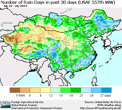 China and Taiwan Number of Rain Days in past 30 days (USAF 557th WW) 07/28/2019 Thematic Map For 7/22/2019 - 7/28/2019