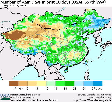 China and Taiwan Number of Rain Days in past 30 days (USAF 557th WW) 08/18/2019 Thematic Map For 8/12/2019 - 8/18/2019