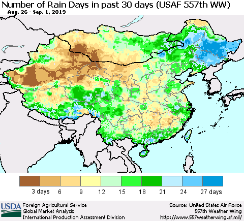 China and Taiwan Number of Rain Days in past 30 days (USAF 557th WW) 09/01/2019 Thematic Map For 8/26/2019 - 9/1/2019