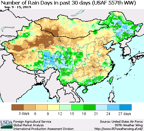 China and Taiwan Number of Rain Days in past 30 days (USAF 557th WW) 09/15/2019 Thematic Map For 9/9/2019 - 9/15/2019