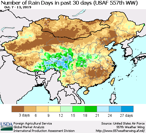 China and Taiwan Number of Rain Days in past 30 days (USAF 557th WW) 10/13/2019 Thematic Map For 10/7/2019 - 10/13/2019