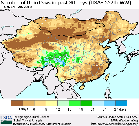 China and Taiwan Number of Rain Days in past 30 days (USAF 557th WW) 10/20/2019 Thematic Map For 10/14/2019 - 10/20/2019