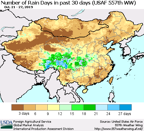 China and Taiwan Number of Rain Days in past 30 days (USAF 557th WW) 10/27/2019 Thematic Map For 10/21/2019 - 10/27/2019