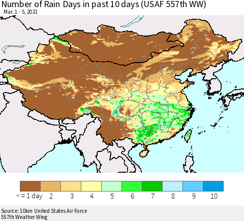 China, Mongolia and Taiwan Number of Rain Days in past 10 days (USAF 557th WW) Thematic Map For 3/1/2021 - 3/5/2021
