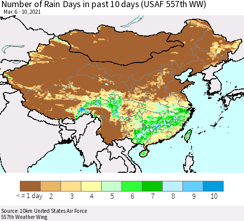 China, Mongolia and Taiwan Number of Rain Days in past 10 days (USAF 557th WW) Thematic Map For 3/6/2021 - 3/10/2021