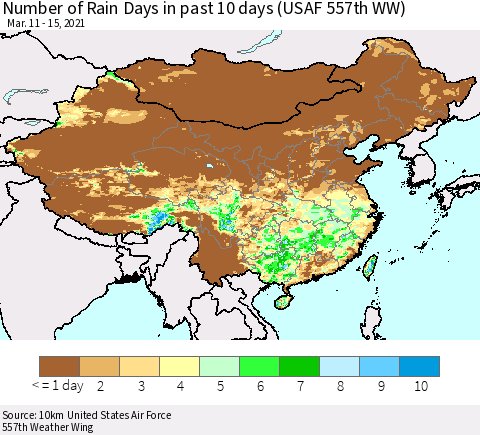 China, Mongolia and Taiwan Number of Rain Days in past 10 days (USAF 557th WW) Thematic Map For 3/11/2021 - 3/15/2021
