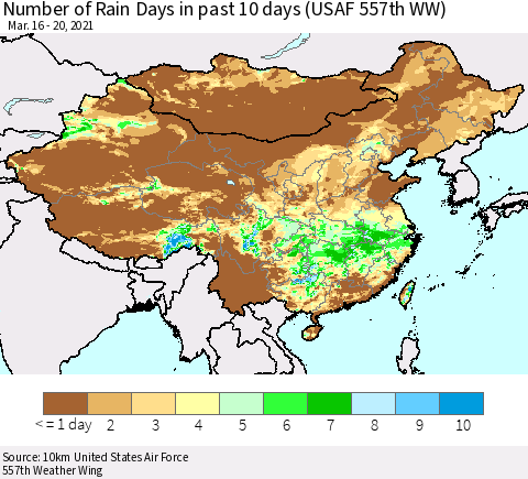 China, Mongolia and Taiwan Number of Rain Days in past 10 days (USAF 557th WW) Thematic Map For 3/16/2021 - 3/20/2021