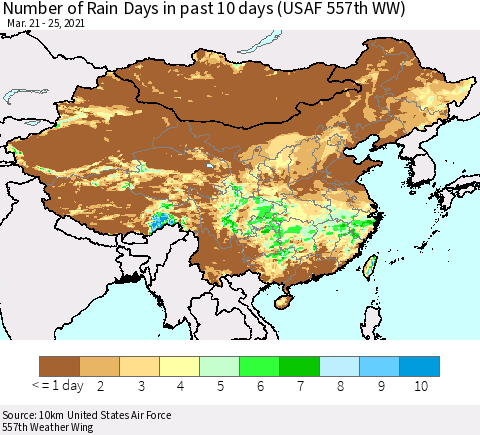 China, Mongolia and Taiwan Number of Rain Days in past 10 days (USAF 557th WW) Thematic Map For 3/21/2021 - 3/25/2021