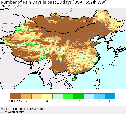 China, Mongolia and Taiwan Number of Rain Days in past 10 days (USAF 557th WW) Thematic Map For 3/26/2021 - 3/31/2021