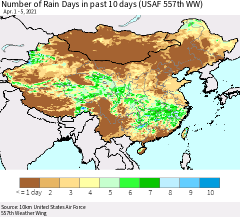 China, Mongolia and Taiwan Number of Rain Days in past 10 days (USAF 557th WW) Thematic Map For 4/1/2021 - 4/5/2021